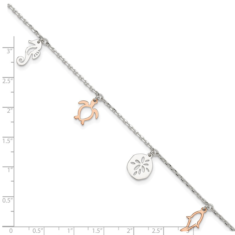 Sterling Silver Rose-tone Seashore Dangles 9in Plus 1in Ext. Anklet 9 inches