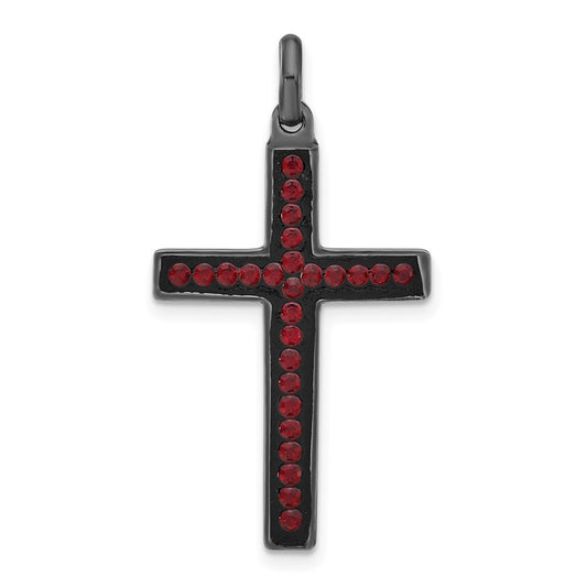 Sterling Silver Black Ceramic Red Crystal Cross Pendant