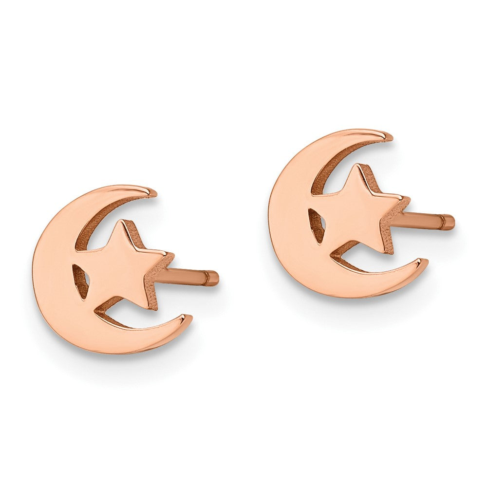 Stainless Steel Polished Rose IP-plated Moon and Star Post Earrings