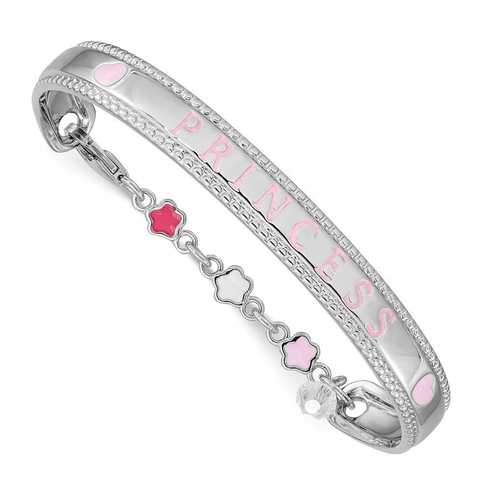 Sterling Silver Rhodium-plated Polished & Beaded Crystal & Multi-color Enameled PRINCESS with Chain Baby Bangle 4.9 inches