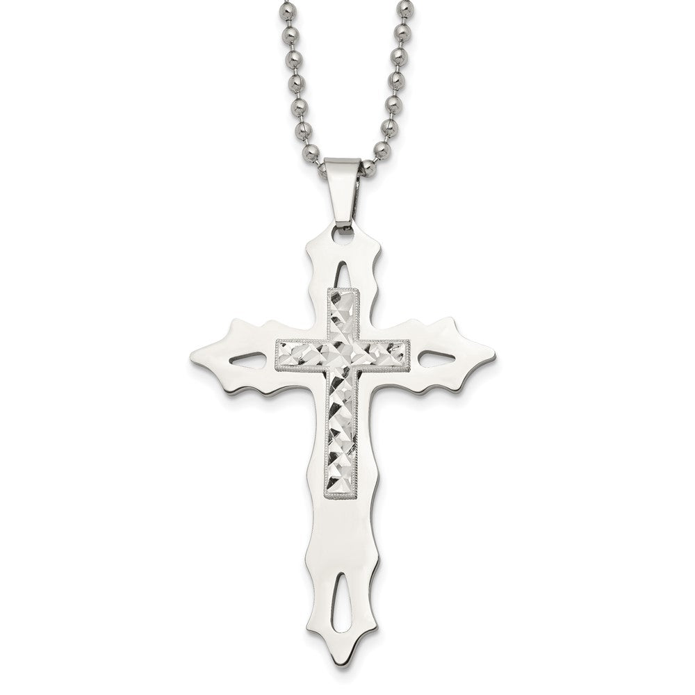 Stainless Steel Polished w/Sterling Silver Inlay Cross 20in Necklace