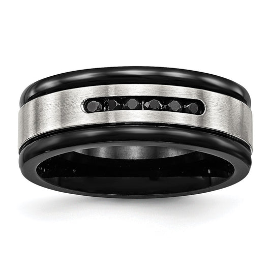 Stainless Steel Brushed/Polished Black IP & Black CZ 8mm Grooved Band Size - 9