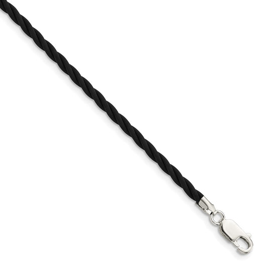 Sterling Silver 18 inch 3mm Black Twisted Rubber Necklace 18 Inches