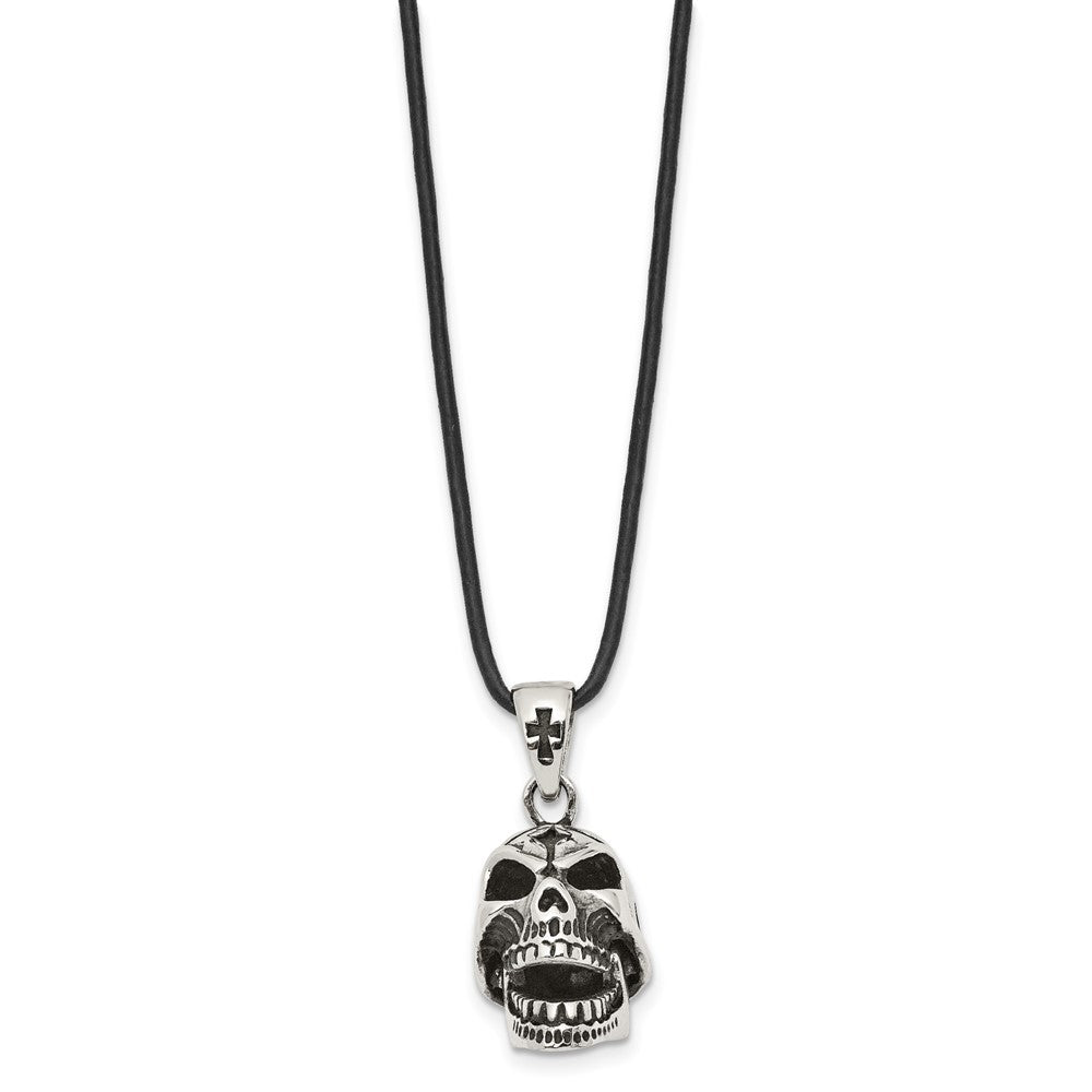 Stainless Steel Antiqued & Polished Moveable Skull Leather Cord Necklace