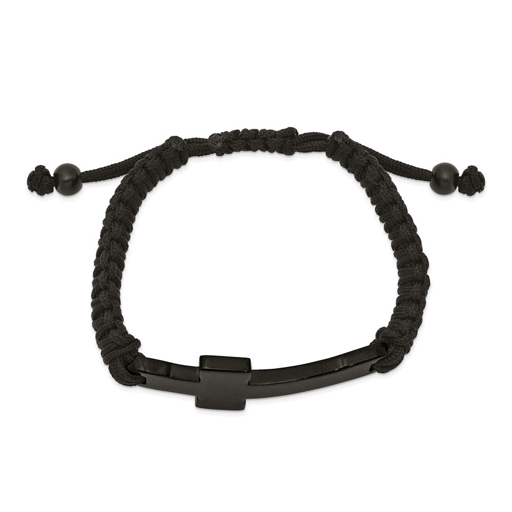 Stainless Steel Polished Black IP Black Nylon Adjustable Cross Bracelet 9.25 inches