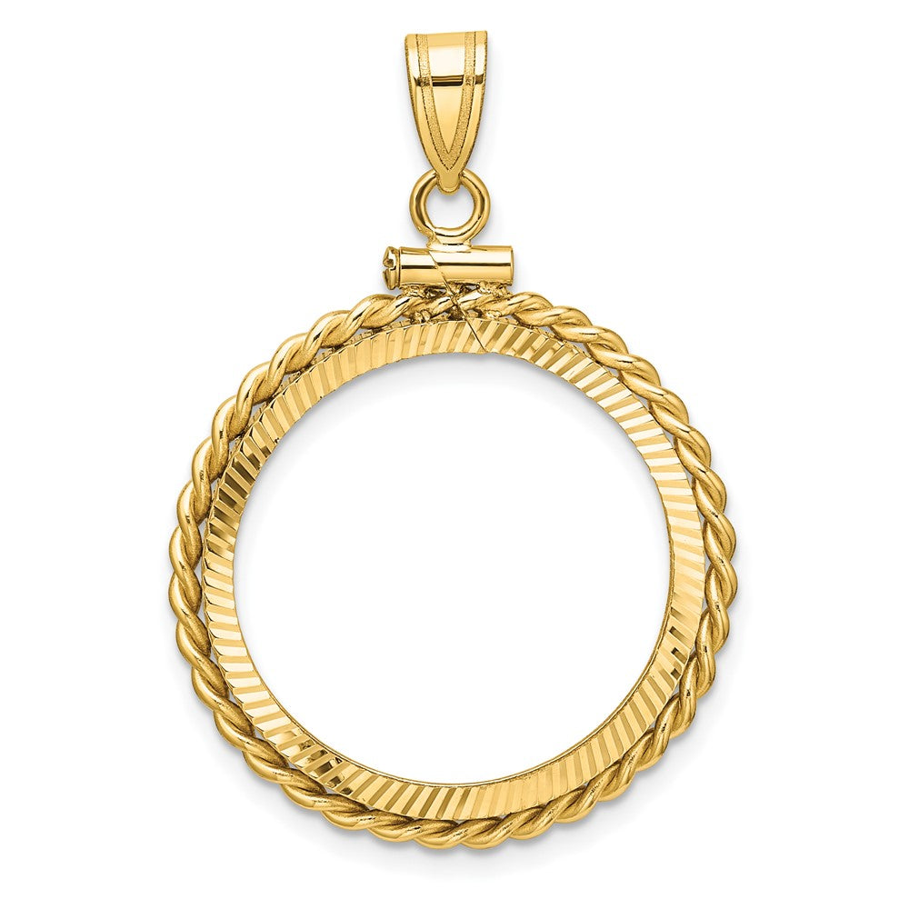 Wideband Distinguished Coin Jewelry 14k Polished Twisted Wire and Diamond-cut 22.0mm x 1.9mm Screw Top Coin Bezel Pendant
