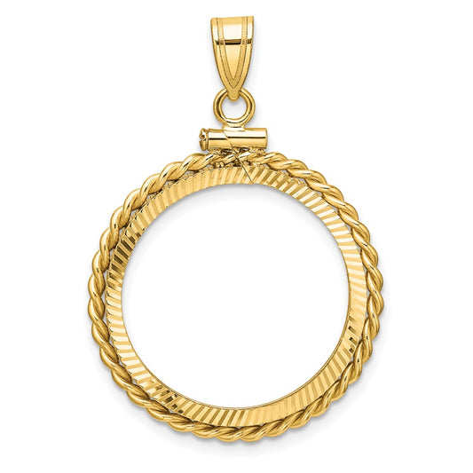 Wideband Distinguished Coin Jewelry 14k Polished Twisted Wire and Diamond-cut 22.0mm x 1.9mm Screw Top Coin Bezel Pendant