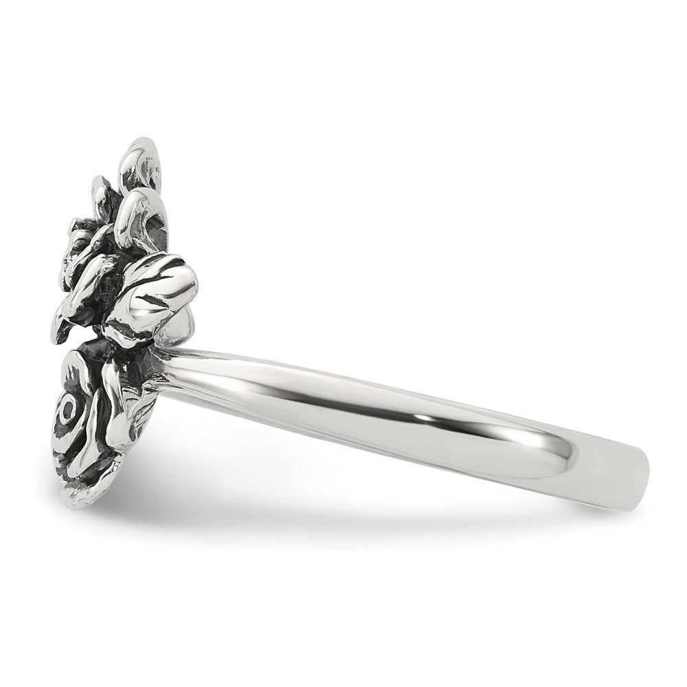 Sterling Silver Antiqued Polished CZ Flowers Size 6 Ring