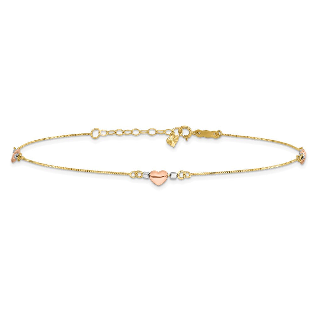 14k Tri-Color Puffed Heart 9in Plus 1in ext Anklet 9 inches