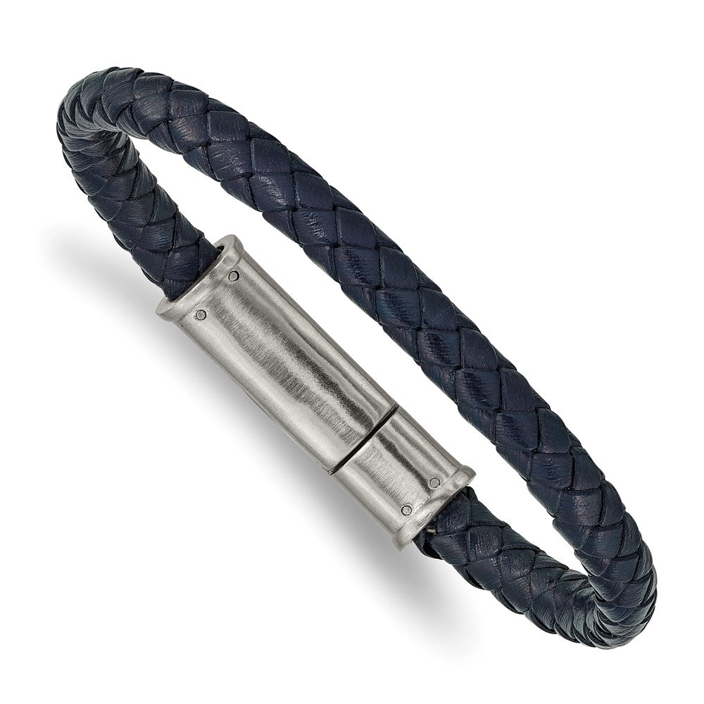 Stainless Steel Brushed Braided Blue Leather 8.25in Bracelet 8.25 inches