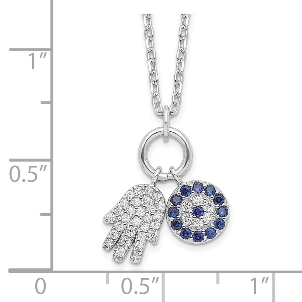 Sterling Silver Rhod-plated CZ Eye and Hamsa Charm Necklace 17 Inches