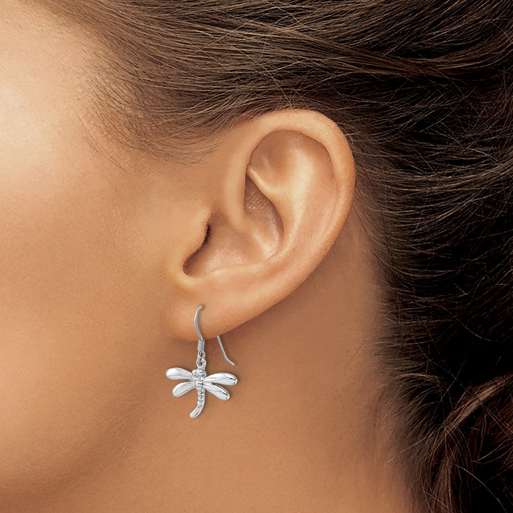 Sterling Silver Rhodium-Plated Polished Dragonfly Dangle Earrings