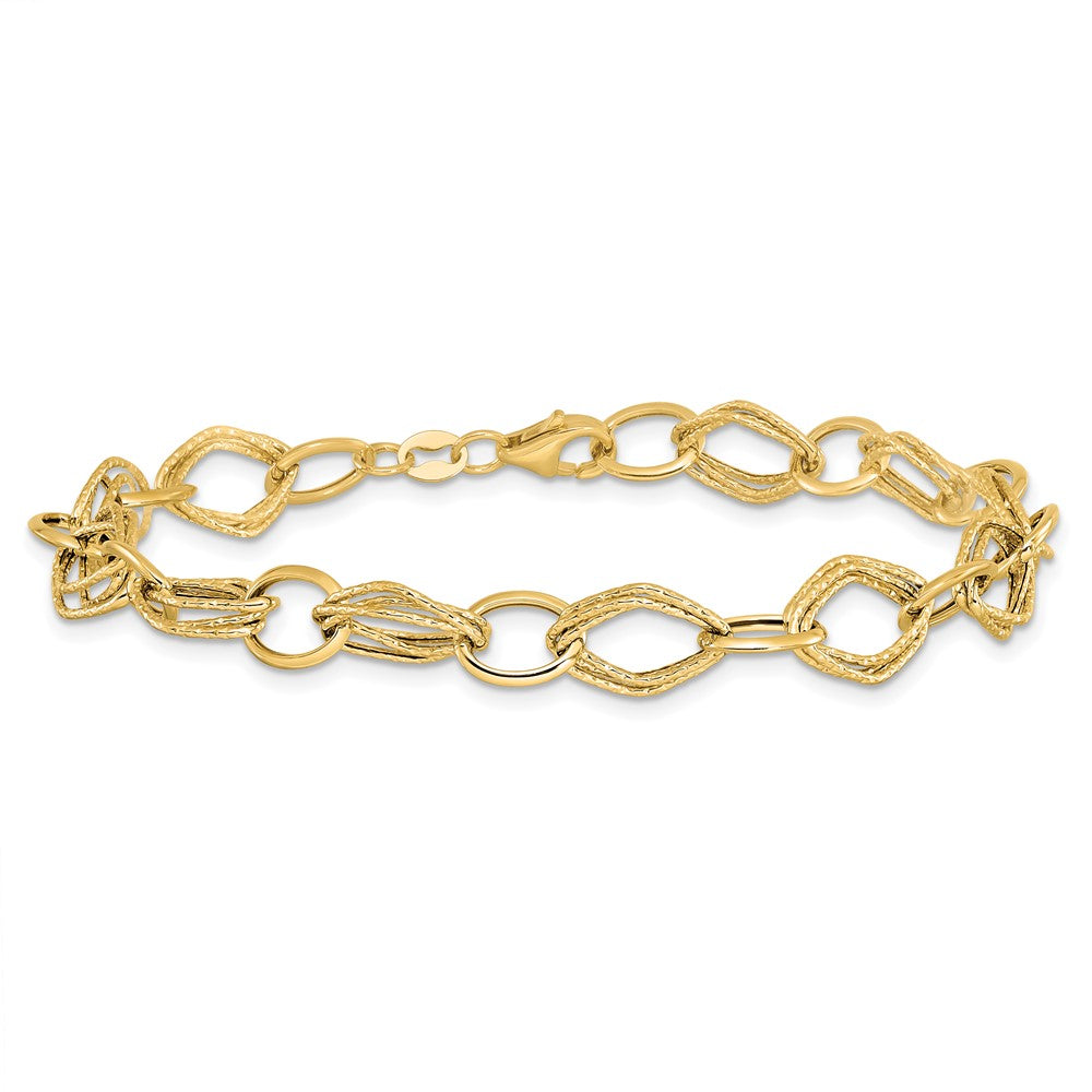 14K Polished and Textured Fancy Link Bracelet 7.5  inches
