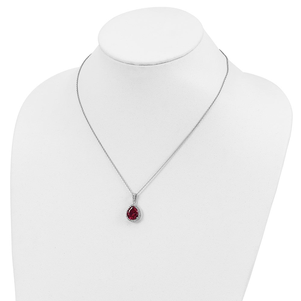 Cheryl M Sterling Silver Rhodium-plated Brilliant-cut Lab Created Ruby and Brilliant-cut White CZ Teardrop Halo 18 Inch Necklace 18 Inches