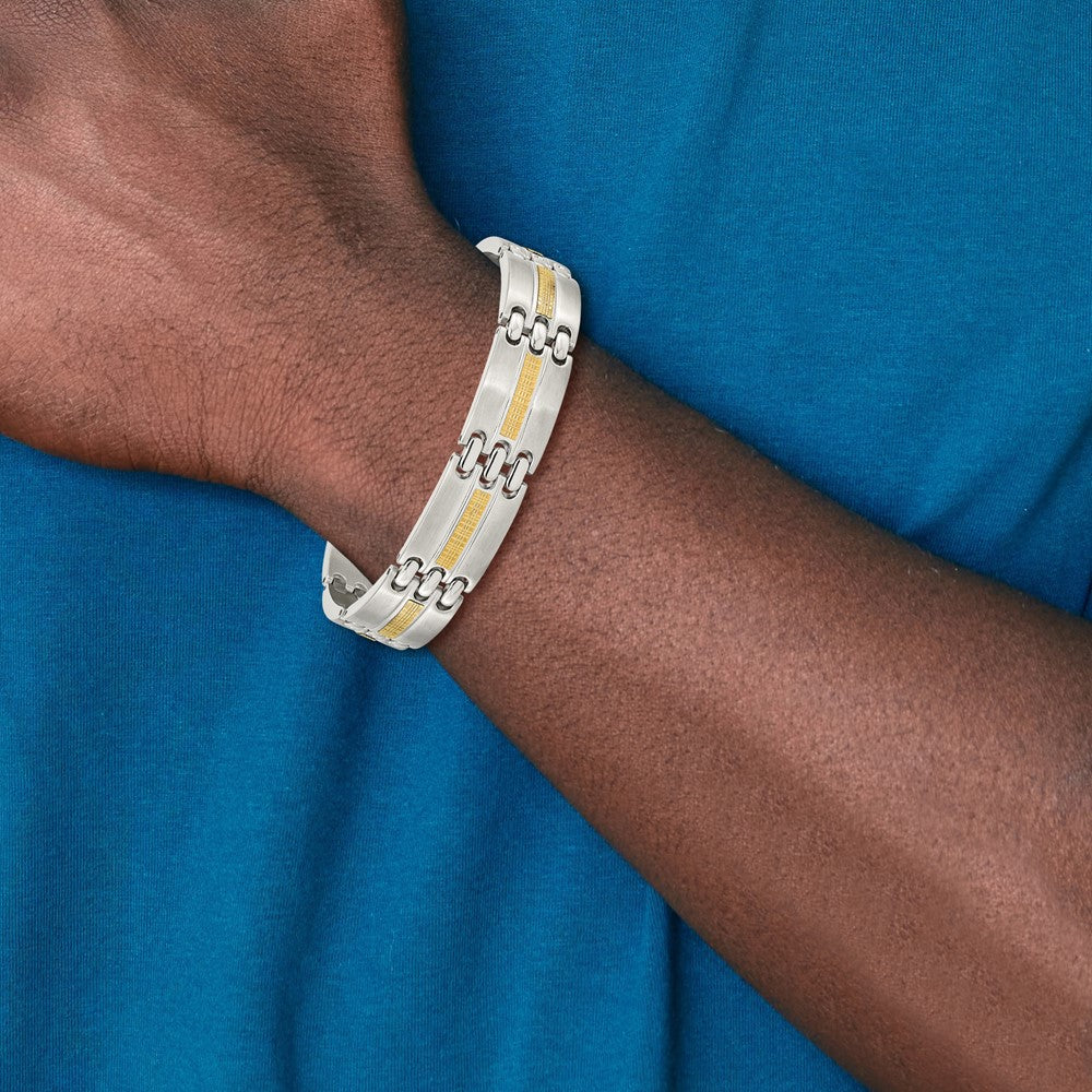 Stainless Steel with 14k Accent 8.5in Brushed and Polished Link Bracelet 8.5 inches
