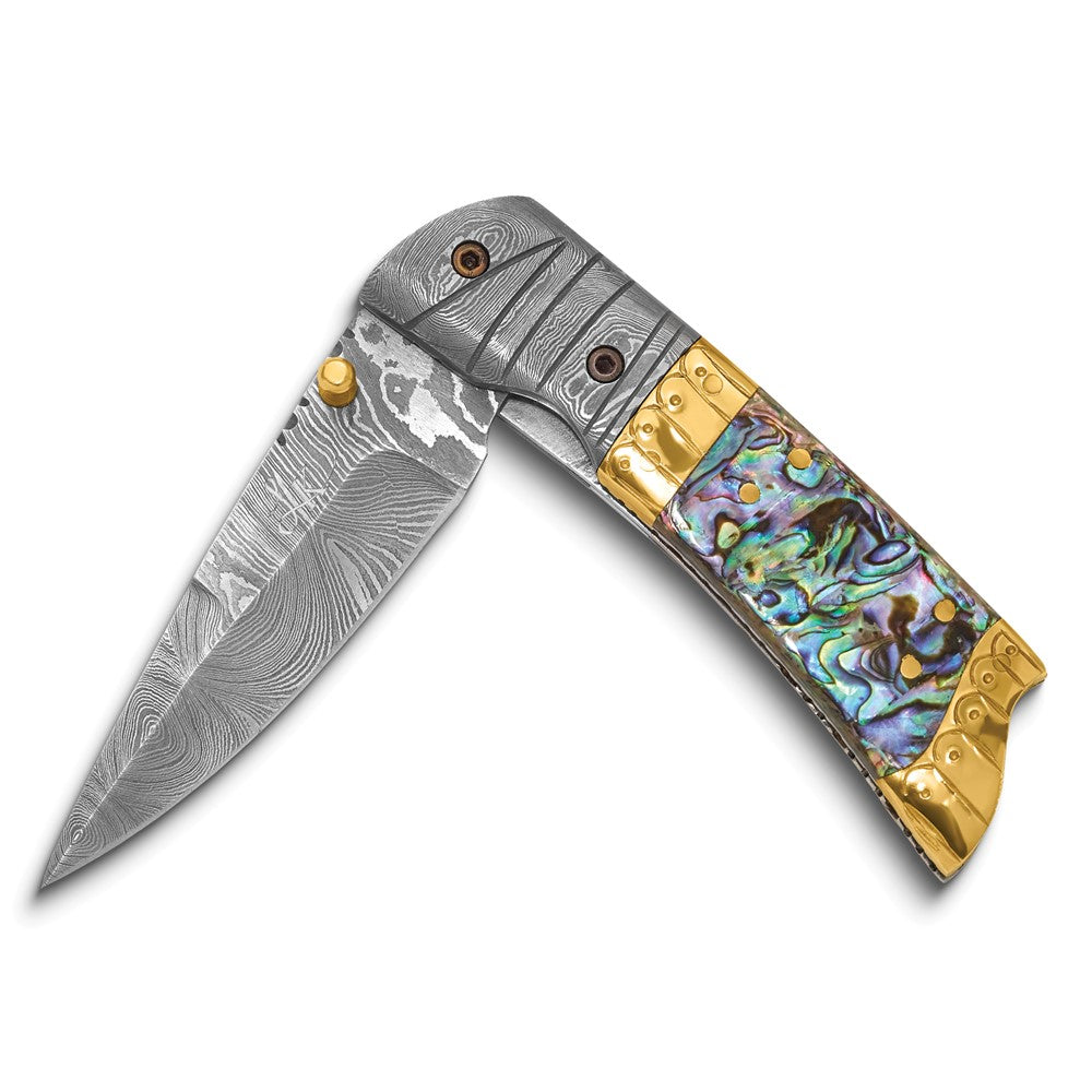 Luxury Giftware by Jere Damascus Steel 256 Layer Folding Blade Genuine Abalone Shell Handle Knife with Leather Sheath and Wooden Gift Box
