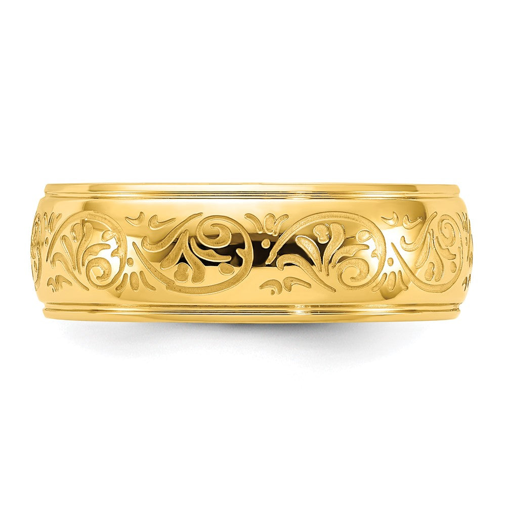 Stainless Steel Polished Yellow IP Etched Design Ridged Edge 7.5mm Band Size - 12