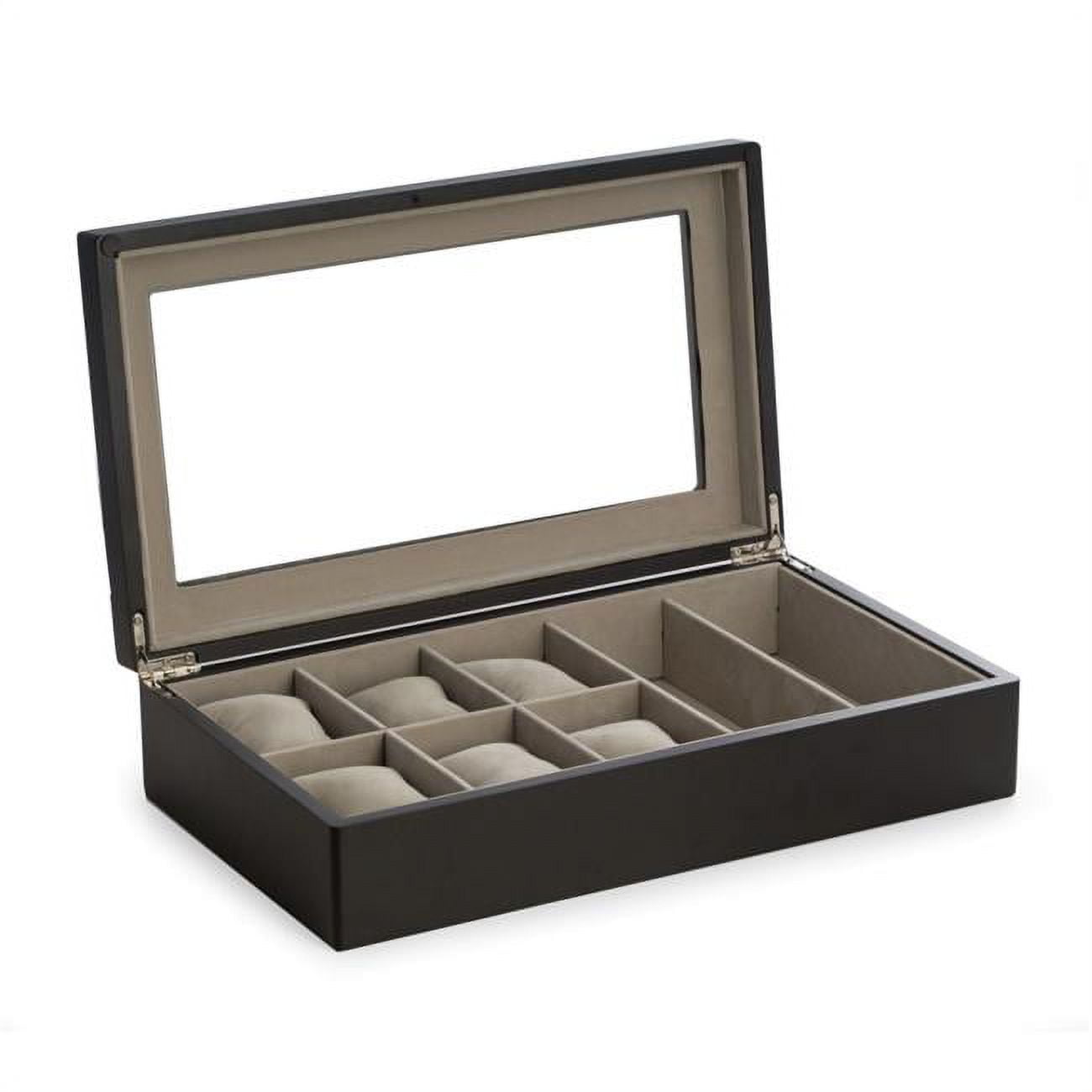 Bey-Berk International BB705BLK Wood Six Watch &amp; 2 Sunglass Storage Box with Glass Top, Soft Velour Lining - Black