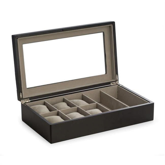 Bey-Berk International BB705BLK Wood Six Watch &amp; 2 Sunglass Storage Box with Glass Top, Soft Velour Lining - Black