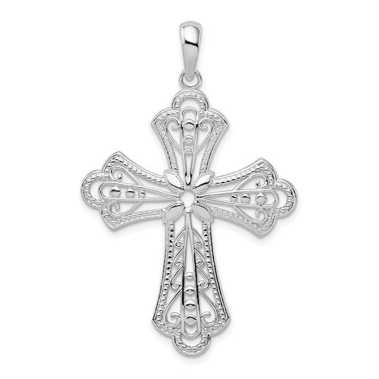 De-Ani Sterling Silver Rhodium-Plated Filigree Fleur de Lis Cross Pendant