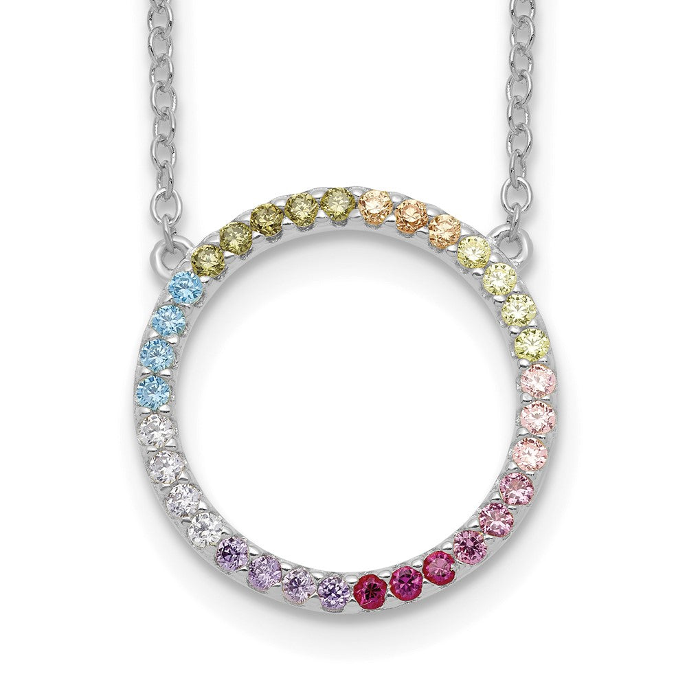 Prizma Sterling Silver Rhodium-plated 16 inch Colorful CZ Open Circle Necklace with 2 inch Extender 16 Inches