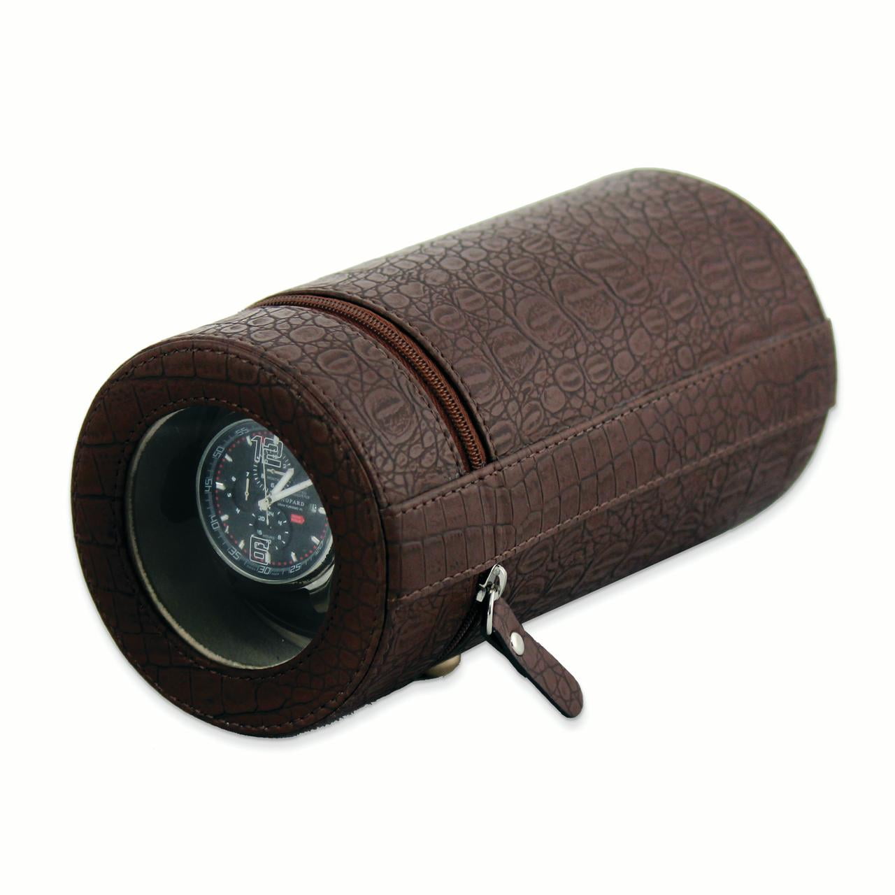Rotations Brown Croco Texture Faux Leather Velveteen Lined Zippered Travel Watch Winder (AC or Batteries) QGM8464