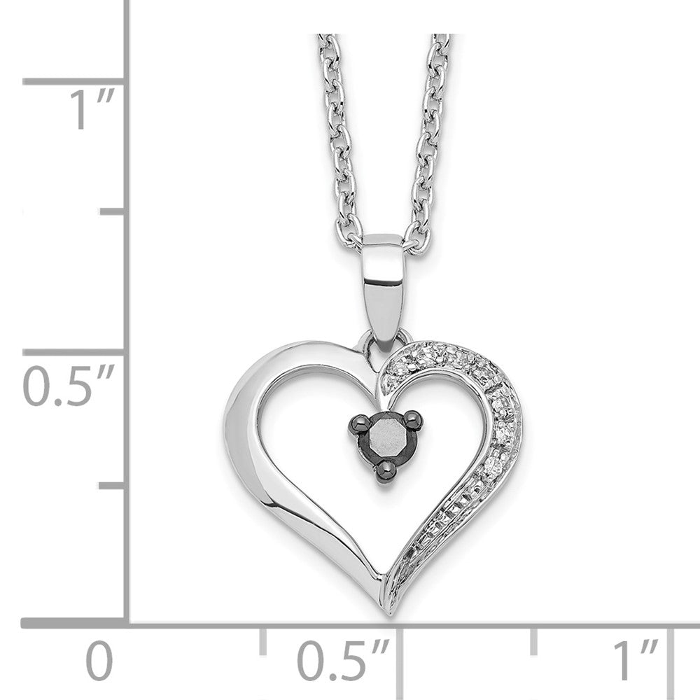 White Night Sterling Silver Rhodium-plated Black and White Diamond Heart 18 Inch Necklace with 2 Inch Extender 18 Inches