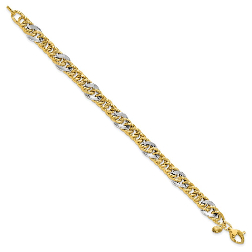14K Two-tone Polished and Textured Fancy Link Bracelet 7.5  inches