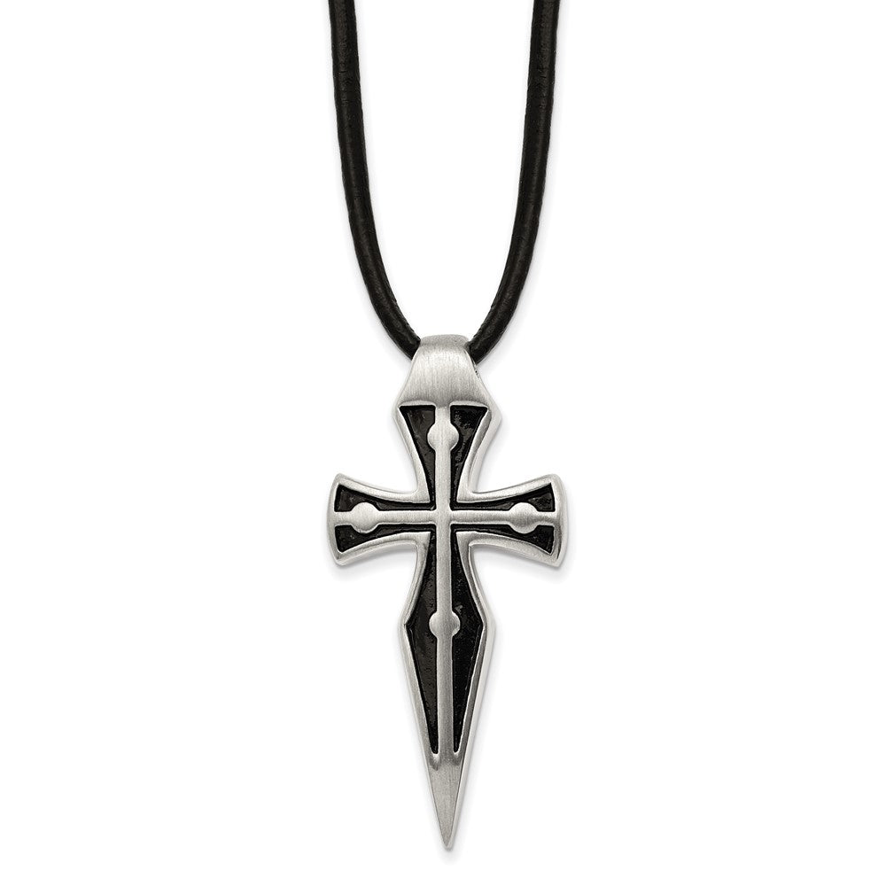 Stainless Steel Antiqued Brushed Polished Cross Leather Cord w/2in ext Neck