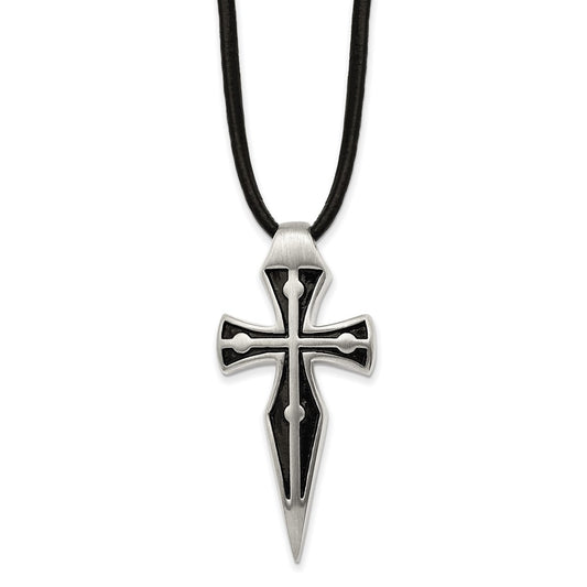 Stainless Steel Antiqued Brushed Polished Cross Leather Cord w/2in ext Neck