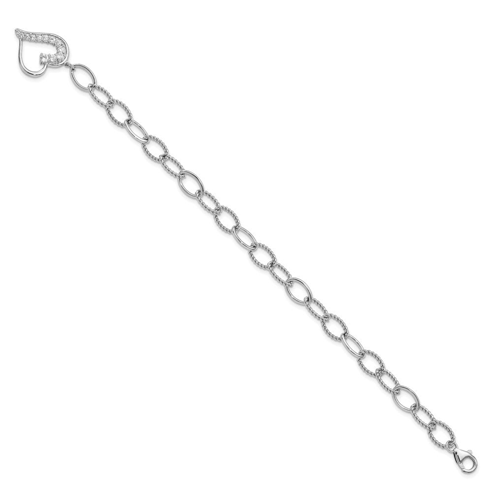 Sterling Silver Rhodium Plated Journey Heart CZ Dangle Bracelet 7.5 inches