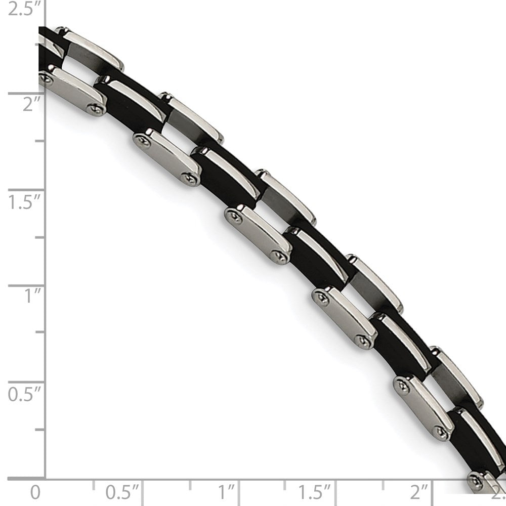 Stainless Steel Polished with Black Rubber 8.75in Bracelet 8.75 inches