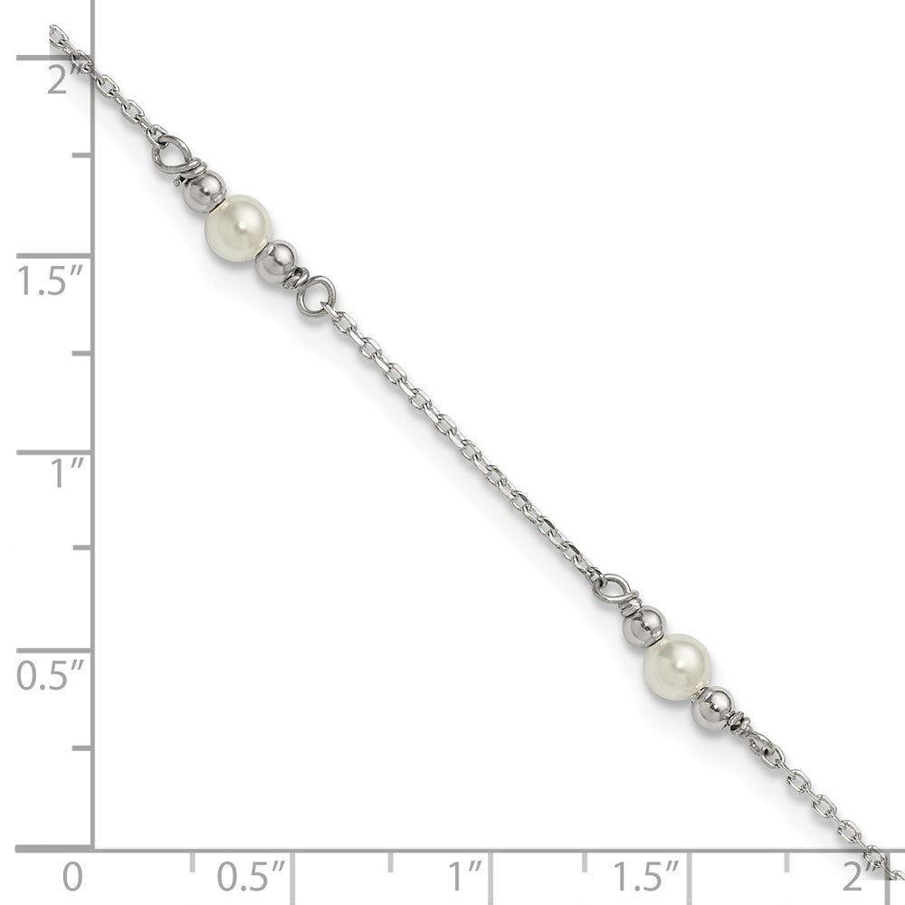 Sterling Silver Polished and Beaded with Acrylic Pearl 9 in with 1 inch Extension Anklet