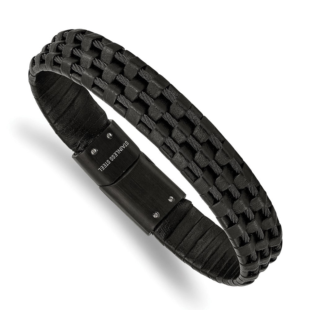 Stainless Steel Brushed and Polished Black IP Leather and Wire Bracelet 8.25 inches