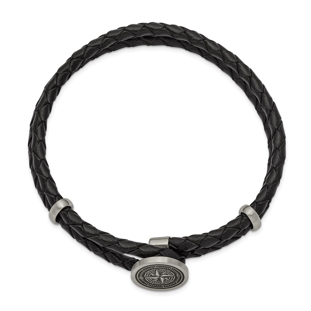 Stainless Steel Brushed Lasered Compass Black Leather 8.5in Bracelet 8.5 inches