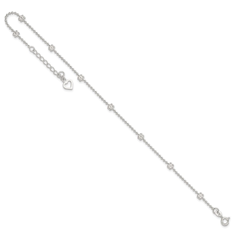 Sterling Silver 9in Plus 1in ext Polished Flower Anklet 10 inches