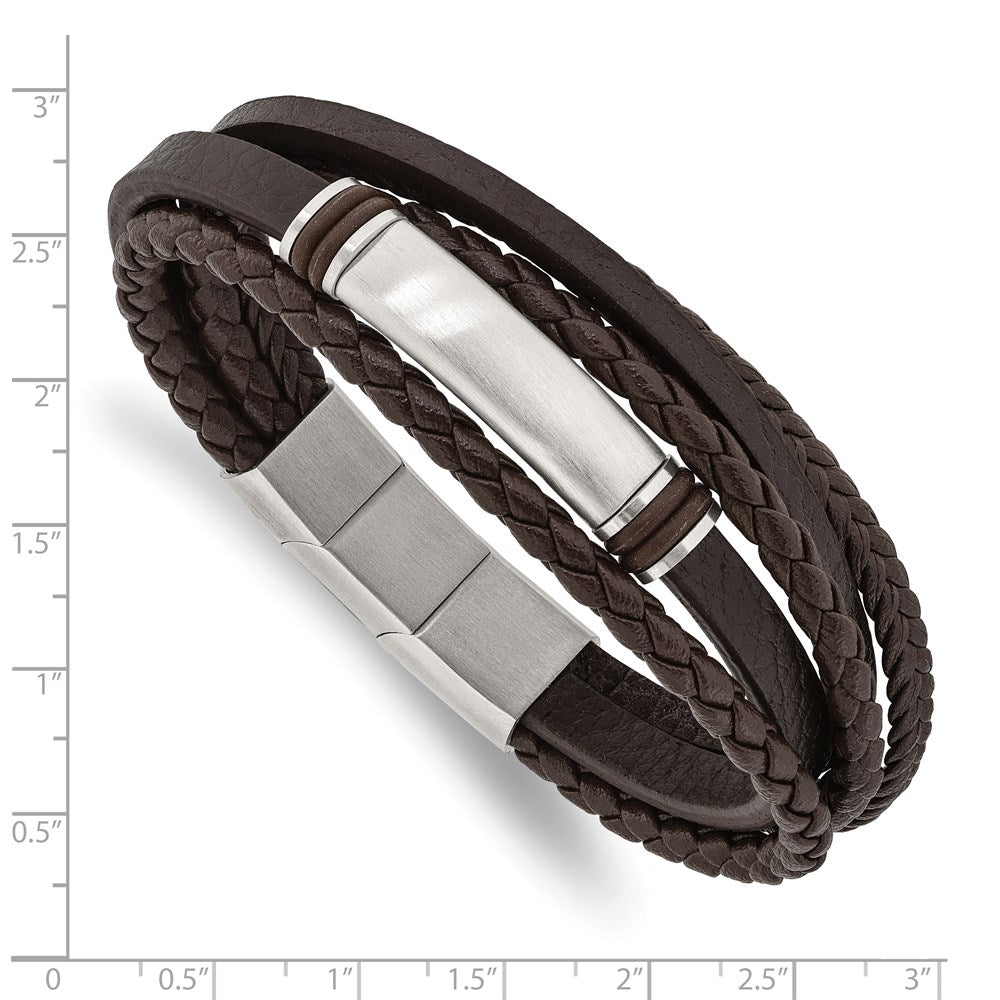 Stainless Steel Brushed Brown PU Leather & Rubber 8in w/.5in ext Bracelet 8 inches
