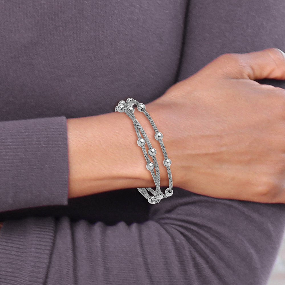 SS RH-plated Polished 3-strand Bead w/1in ext. Bracelet 8.5  inches