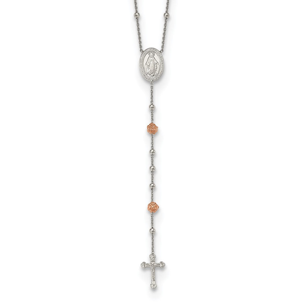 Sterling Silver RH-plated Beaded w/Rose-tone Roses Rosary 21in Necklace 21 Inches