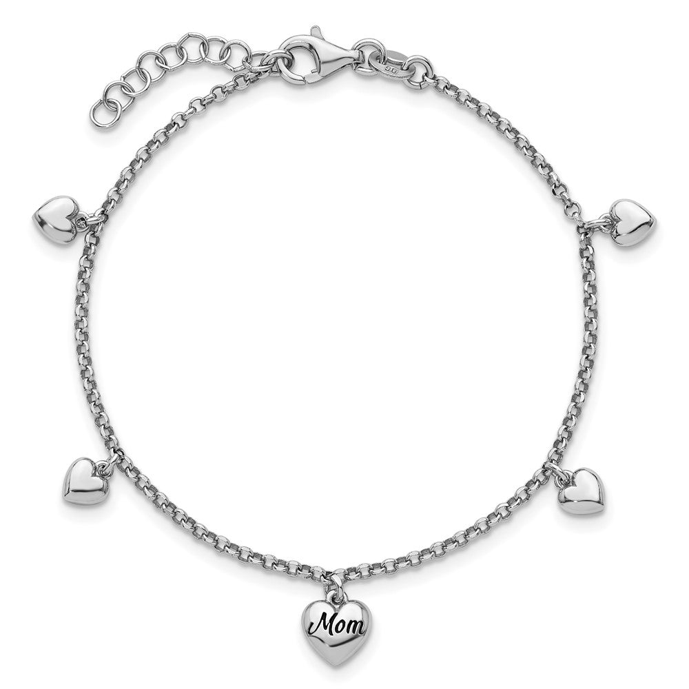 Sterling Silver Rh-plat Heart Enamel Mom Heart 6.5in w/.75in ext Bracelet 7.25 inches