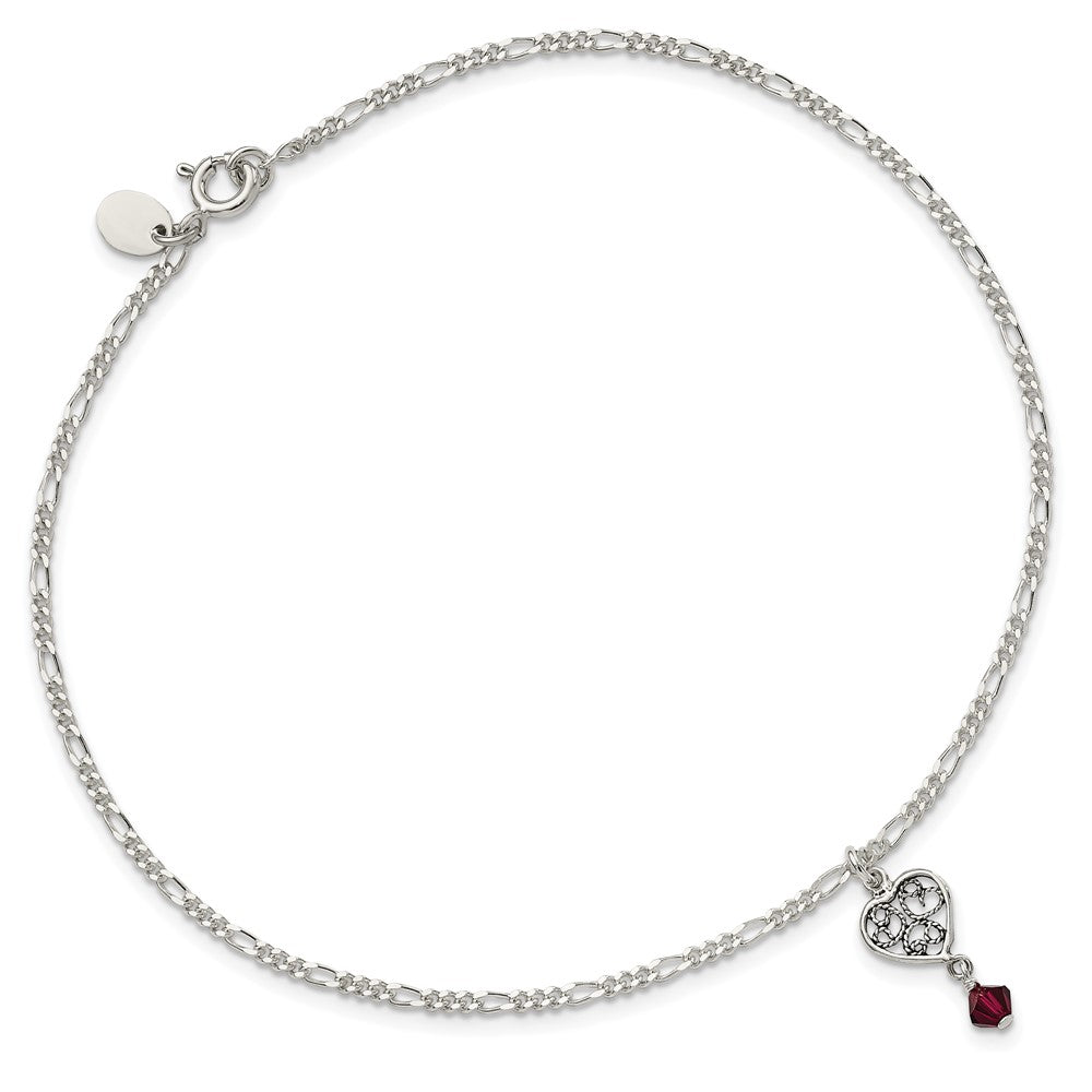 Sterling Silver Dark Pink Crystal Dangling Antiqued Heart 10 inch Anklet 10 inches