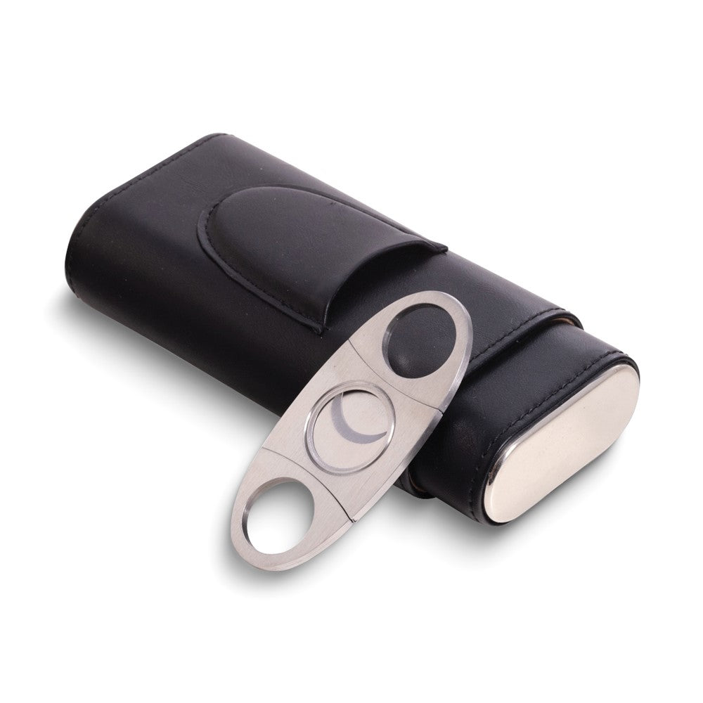 Black Leather Three Cigar Holder with Stainless Steel Cutter Set
