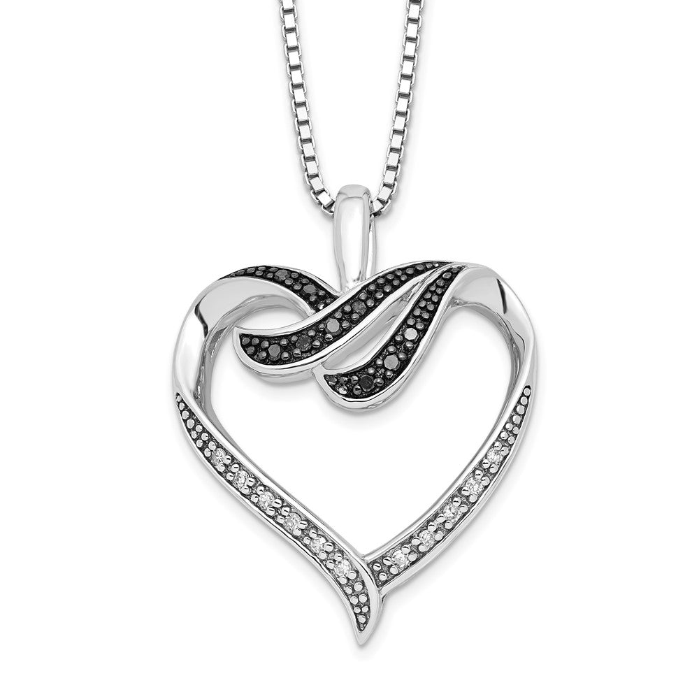 White Night Sterling Silver Rhodium-plated Black and White Diamond Heart 18 Inch Necklace with 2 Inch Extender 18 Inches