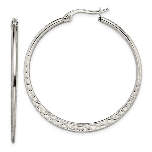 Stainless Steel Polished and Textured 40mm Diameter Hoop Earrings