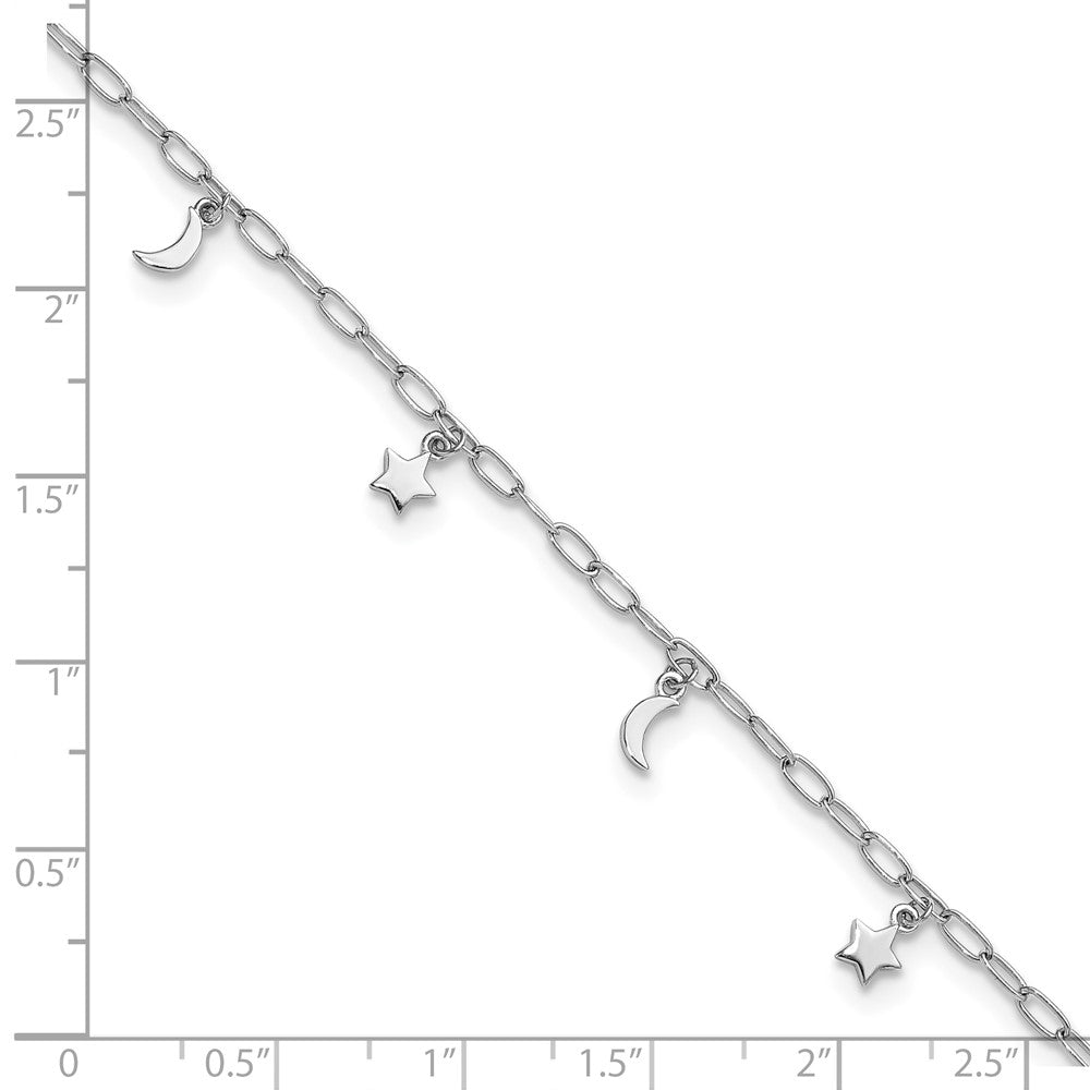 Sterling Silver Rhodium-plated Polished Moon and Star Dangles 9 Inch with 1 Inch Extension Anklet