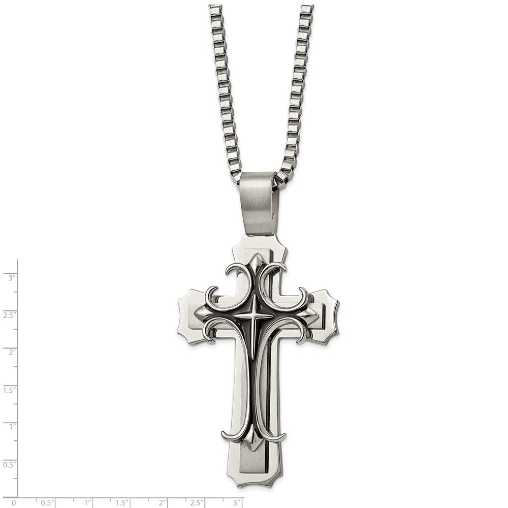 Stainless Steel Brushed and Polished w/Black Enamel Cross 24in Necklace