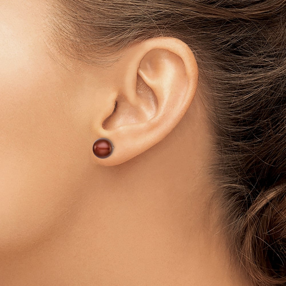 Sterling Silver Rhodium-plated 9-10mm Brown Button Freshwater Cultured Pearl Post Earrings