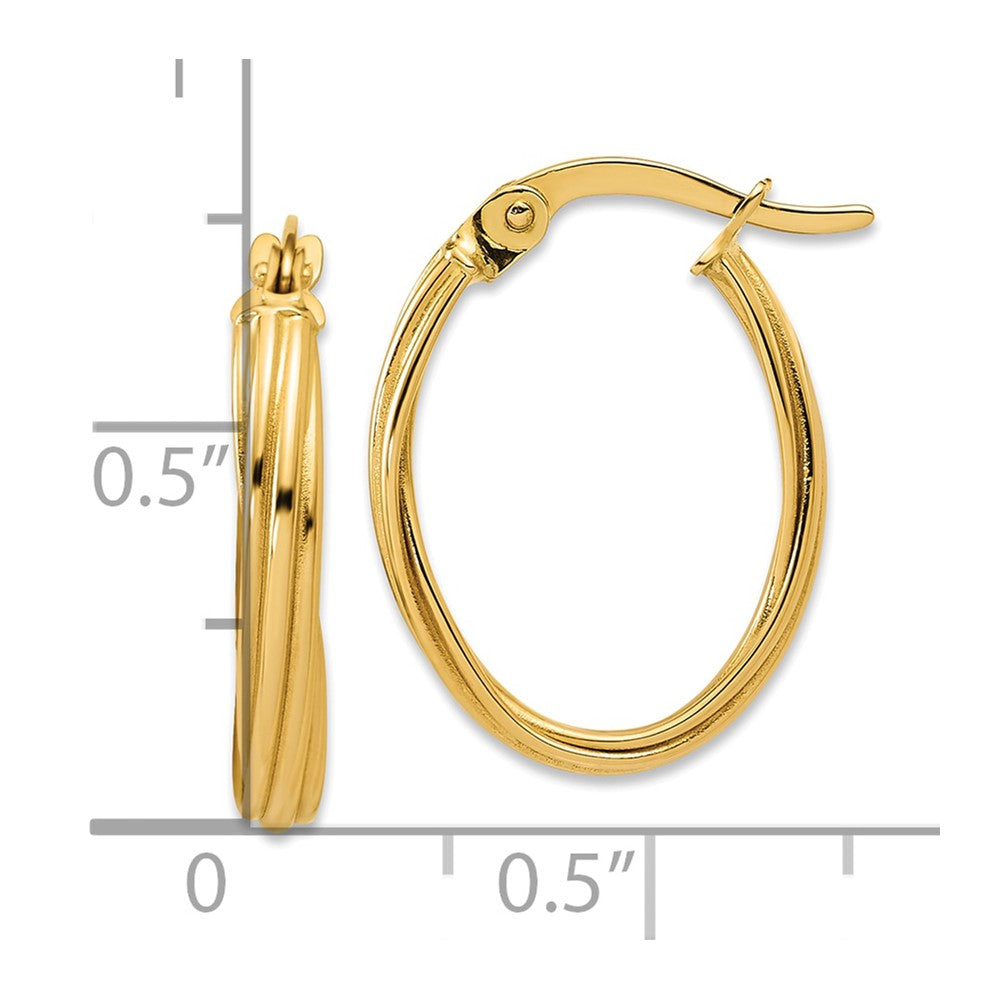 14K Polished and Grooved Twist Oval Hoop Earrings