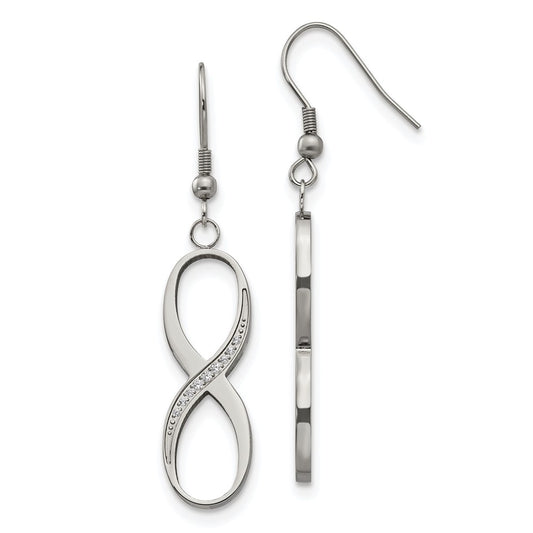 Stainless Steel Polished w/CZ Infinity Dangle Shepherd Hook Earrings