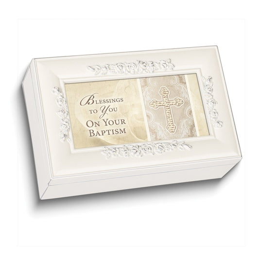 Blessings On Your Baptism White Polymer Musical (Plays Jesus Loves Me) Jewelry Box with Black Velvety Lining